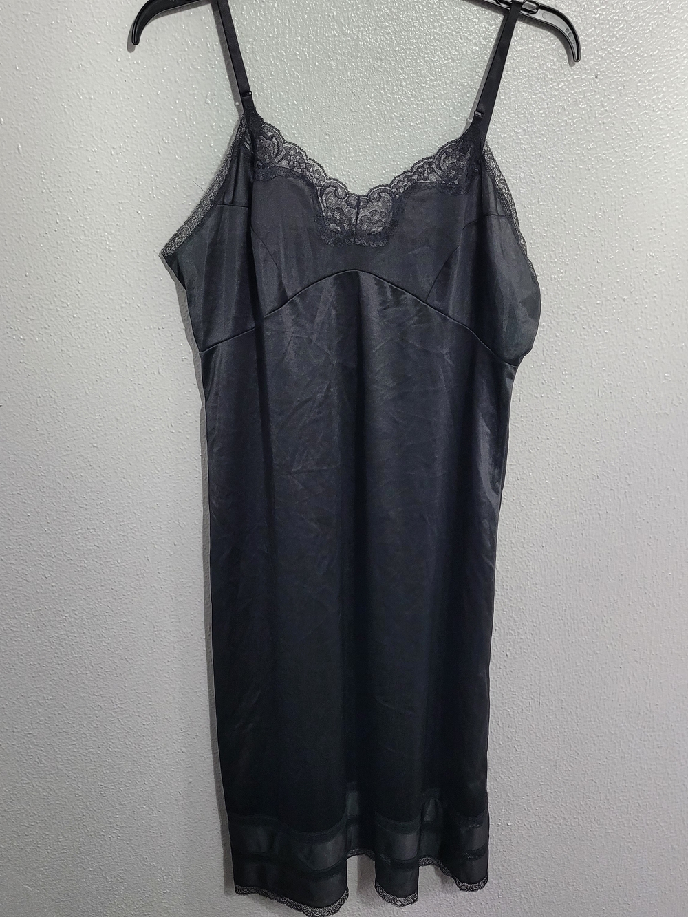 Adonna Vintage Black Satin Slip with Lace Trim